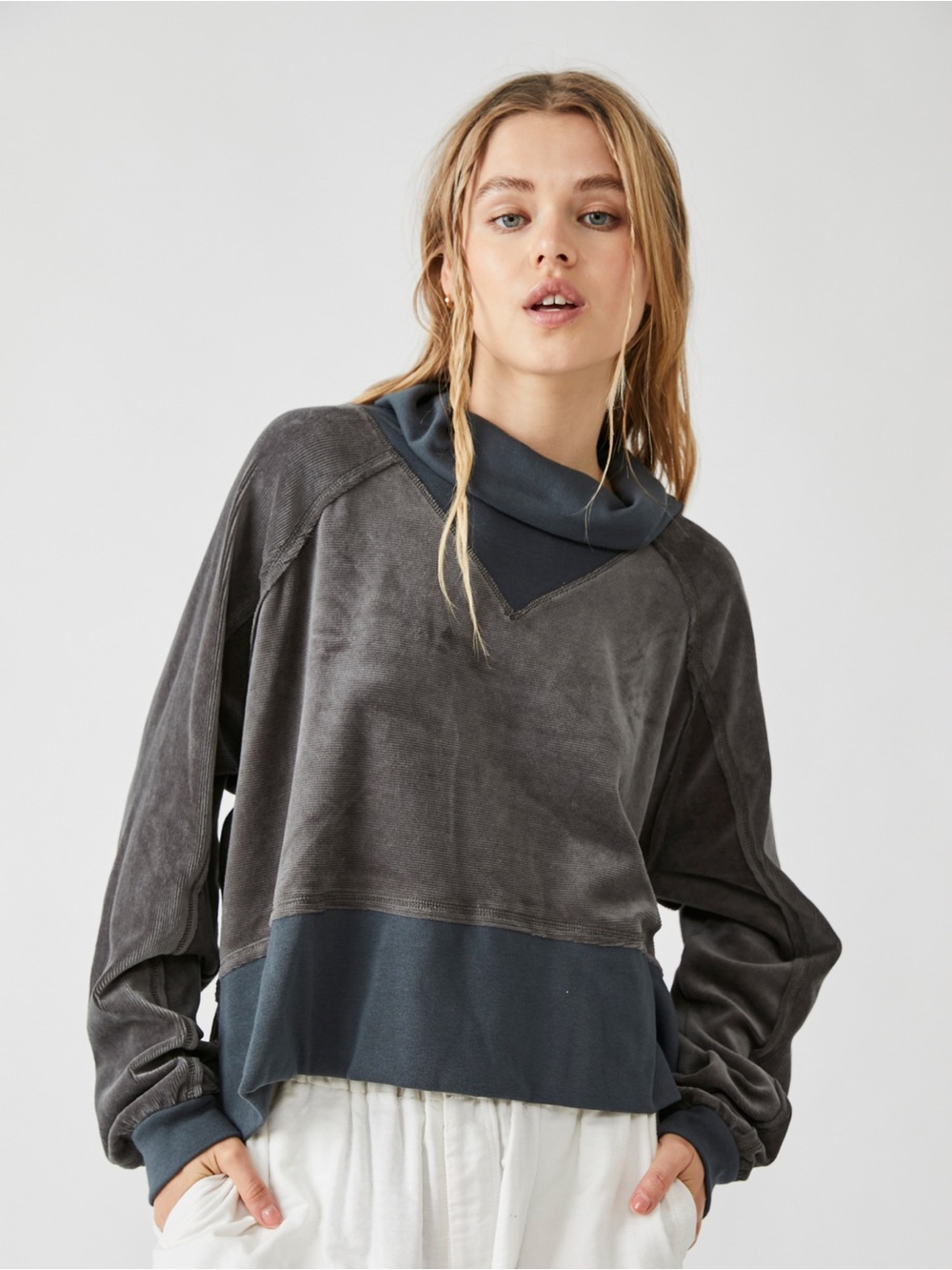Free People Movement Last Chance Pullover Gray Velour Cowl Neck High Low Size L